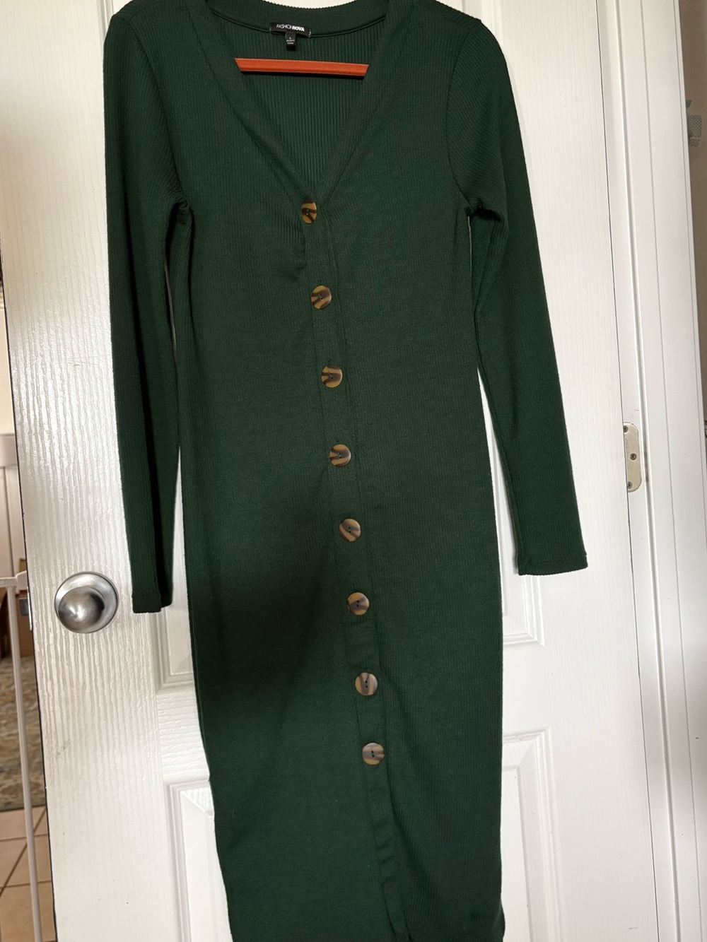 Fashion Nova Forest Green Ribbed Button-Front Long Sleeve Dress